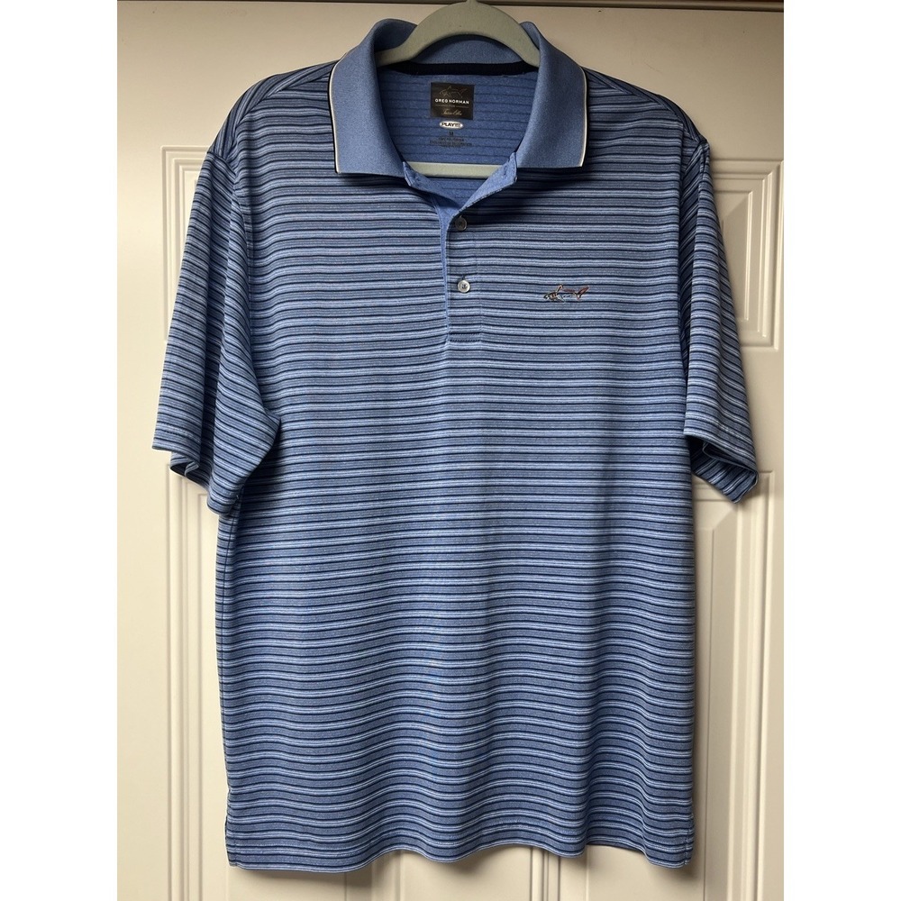 Greg Norman Play Dry Golf Blue White Striped Men's Polo Shirt Size M Lightweight